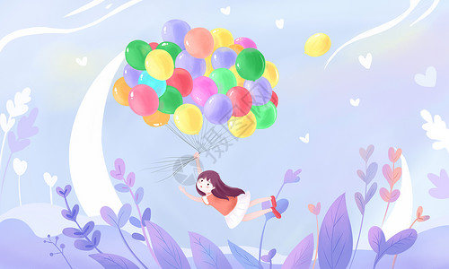 飞翔的女孩五彩气球高清图片