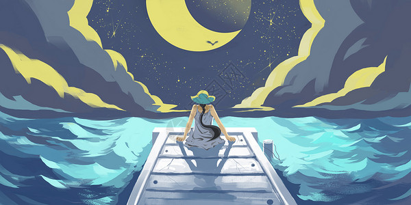 夜晚海面观月少女插画