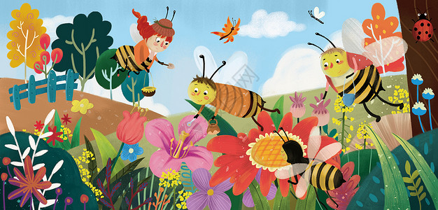 春天蜜蜂采蜜插画背景图片