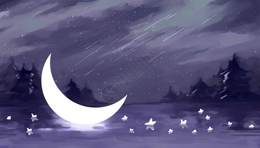 湖面月色星夜插画