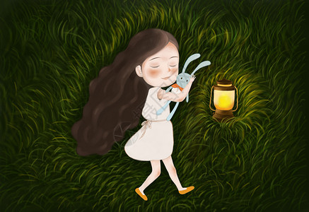 草地地灯素材草地上熟睡的小女孩插画