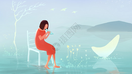 粉红湖泊女孩与鲸鱼插画