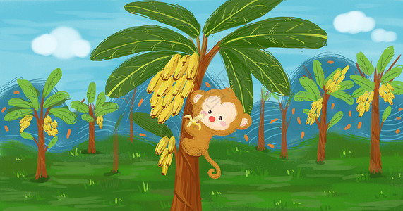 小盆栽小树可爱的小猴插画