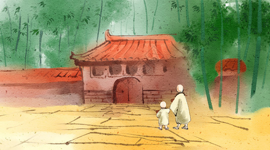 印度教寺庙中国风背景和尚化缘归来插画
