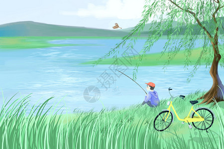 湖边柳树春天钓鱼插画