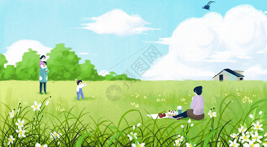 人物野餐素材快乐的春游插画