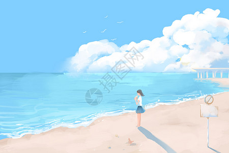 沙滩海螺蓝天大海插画