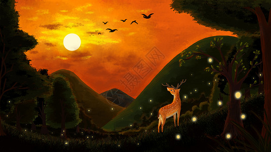 怪树林日落落日下的梅花鹿插画