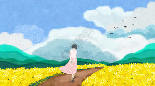 黄色田地散步油菜花田地的女孩插画