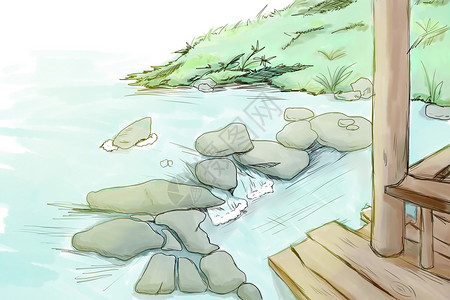 石头彩绘水墨河流插画