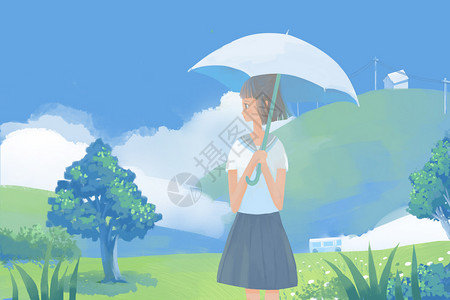 雨伞出游少女和风景插画