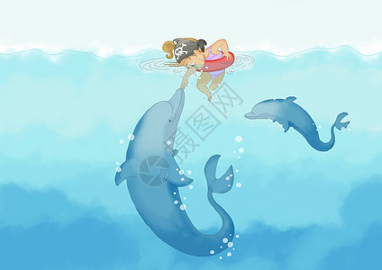 小女孩和海豚背景图片
