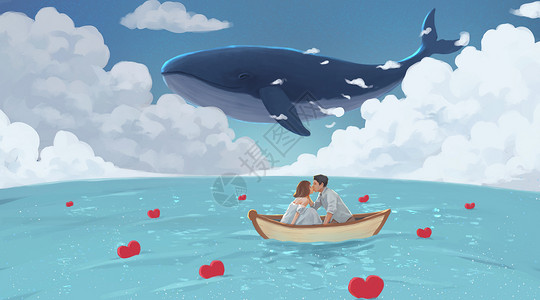 红心瓜船上的情侣插画