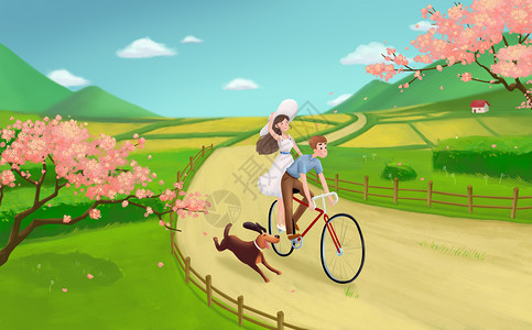 骑车玩耍的情侣春天踏青郊游看樱花插画