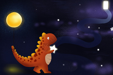 海面夜景恐龙世界插画