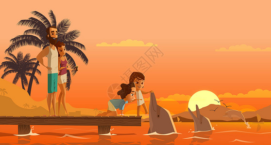 人与海豚玩耍旅游插画