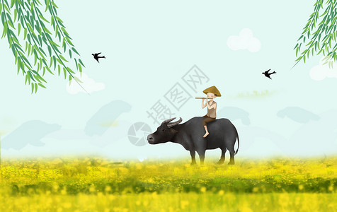 清明节手绘棕帽牛高清图片