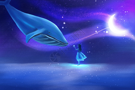 月光下鲸鱼月光下的唯美场景插画