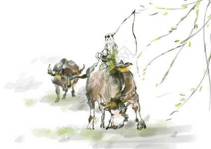 牧童和牛手绘牛国画高清图片