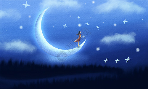 云上贵州月亮上的女孩插画