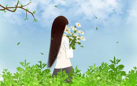 绿叶植物树枝春天的小女孩插画