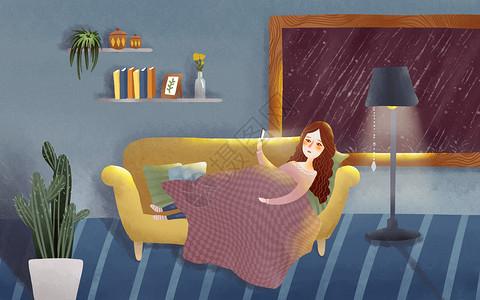 盖毯沙发上看手机的女孩插画