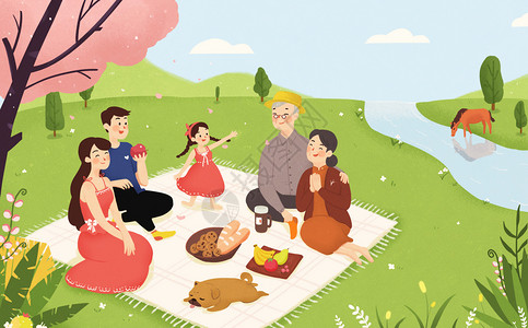 一家人郊游野餐一家人出游插画
