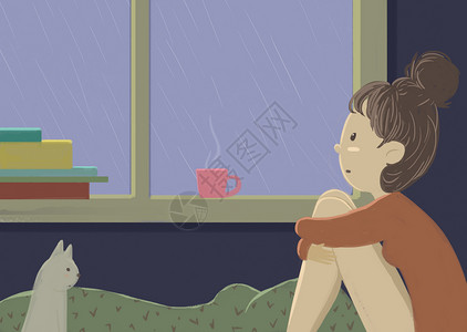 坐在窗台下雨天气插画