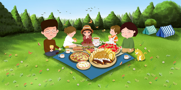 孩子食物素材春季亲子游插画
