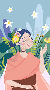 春分传统节气海报春天里的美丽女孩插画
