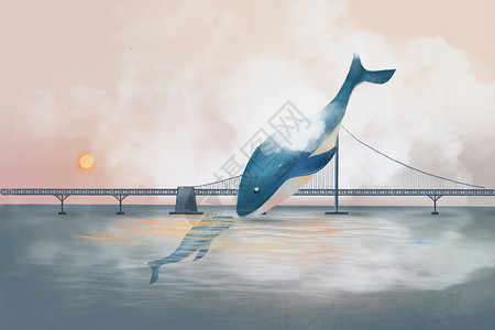 海黄昏梦中的鲸鱼插画