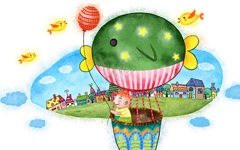 绿色热气球孩子的童年插画