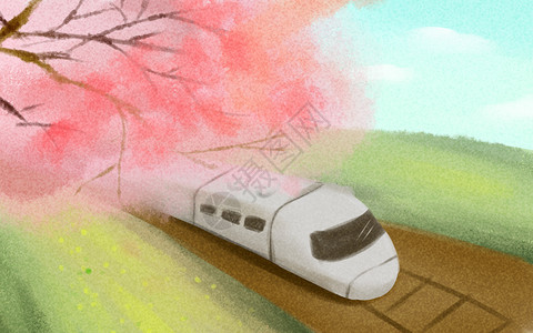 路旁桃花铁路旁的樱花插画