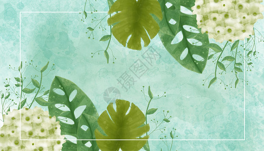 花卉矩形边框水彩叶子植物背景插画