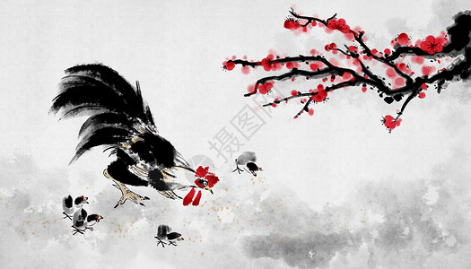 红色花标题框中国风水墨画插画