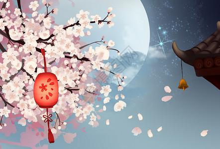 春樱月光下的樱花插画
