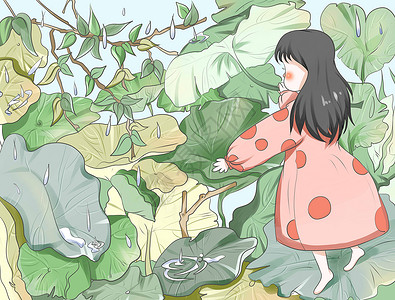 一株绿叶水稻春天绿叶和女孩插画