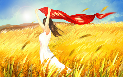 美女奔跑稻田里的女孩插画