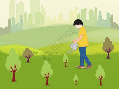 城市绿树植树节插画