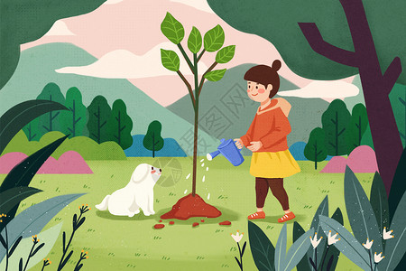 春日植树节树木环保卡通插画高清图片