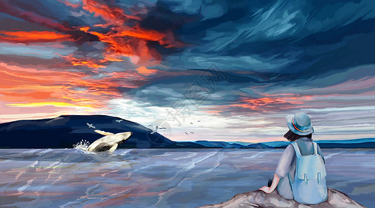 海浪拍打礁石女孩的沉思插画