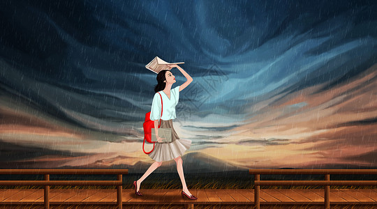 白色围栏女孩在雨中漫步插画
