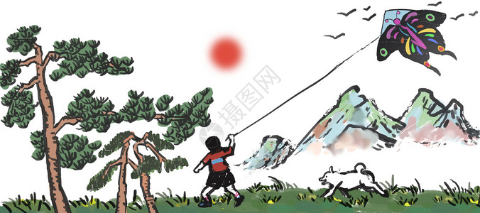 水墨河山放风筝的男孩插画