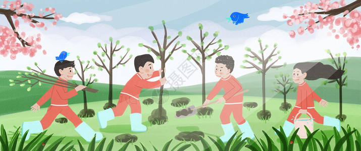 种树造林植树节插画