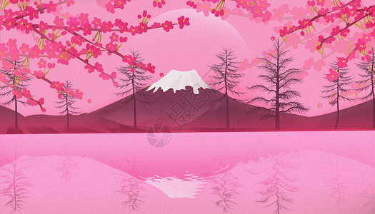 日本赏樱富士山的樱花插画
