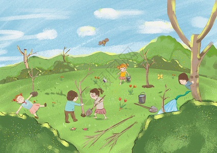 小学生活动团体植树插画