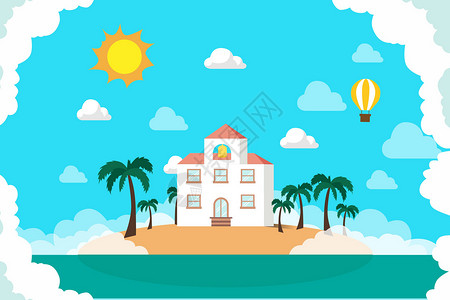 椰子岛扁平海滩风景插画