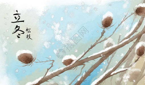 干花和松果组合二十四节气立冬插画