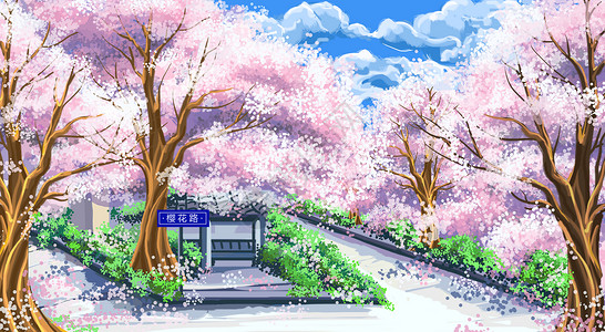 樱花盛开的林荫小道插画高清图片