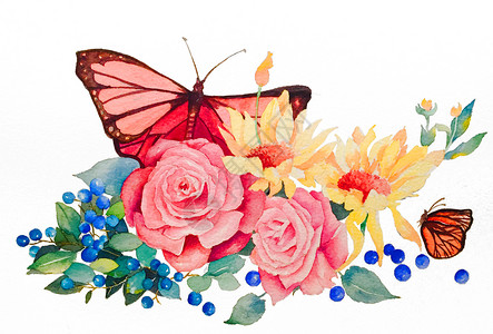好看蝴蝶边框手绘水彩花卉背景插画